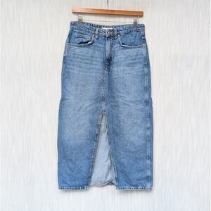 Mango MNG Blue Denim Slit A-line Midi Skirt, size M